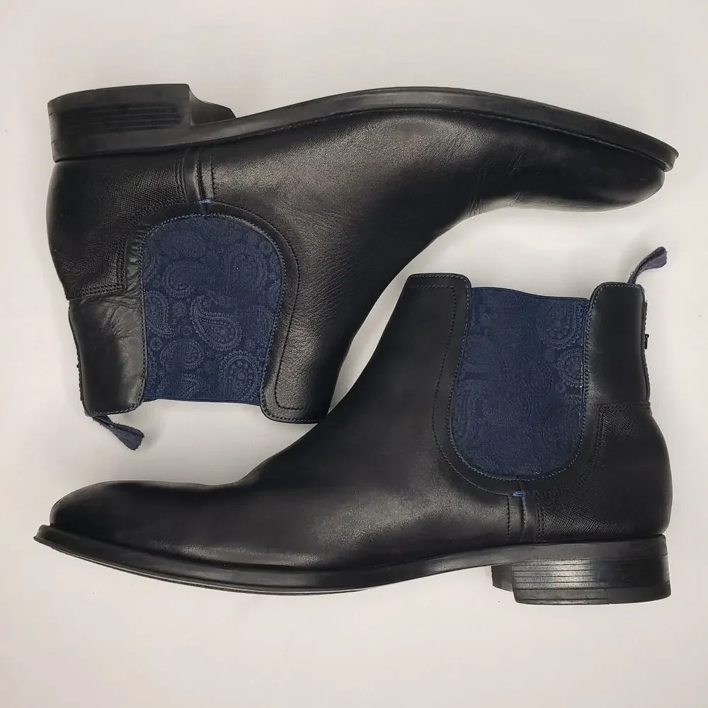 Ted Baker London Black Leather Chelsea Boots with Navy Elastic Panels